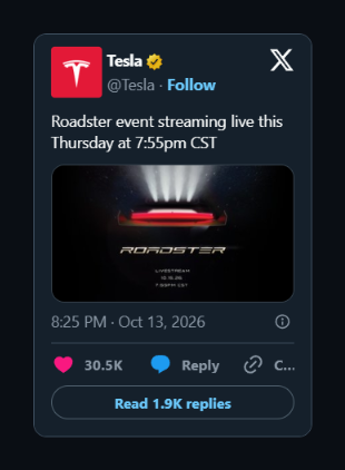 Tesla's post on X announcing the Roadster reveal livestream for 10/15/2026 at 7:55pm CST